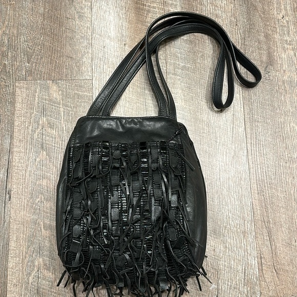 East West Designs Handbags - East West designs, Narda collection black leather/fringe hobo shoulder bag purse